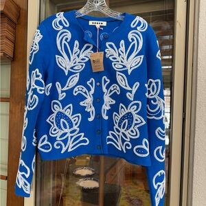 Boden Royal Blue Cardigan with White Floral Design